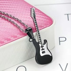 🎸Unisex Silver & Black Stainless Steel Guitar Necklace w Chain Music Lover